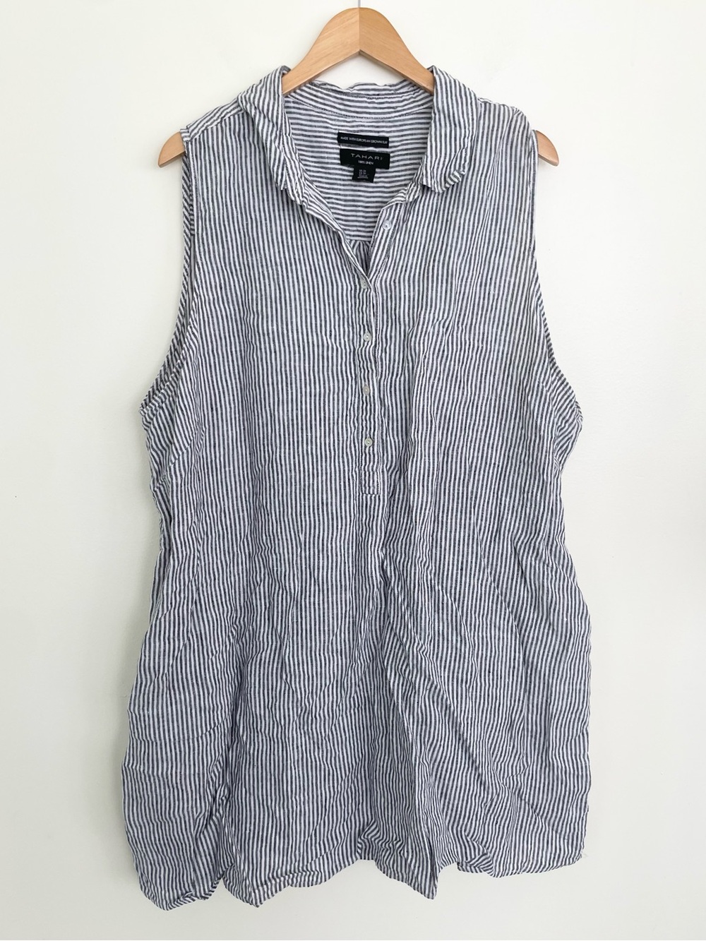 Tahari 100% Linen Stripe Sleeveless Tunic Dress Grey White 3X Lagenlook Coastal